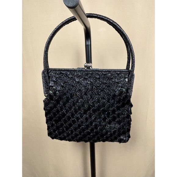 Handbags - Vintage 1960s Made in Japan Black Woven Kisslock Handbag